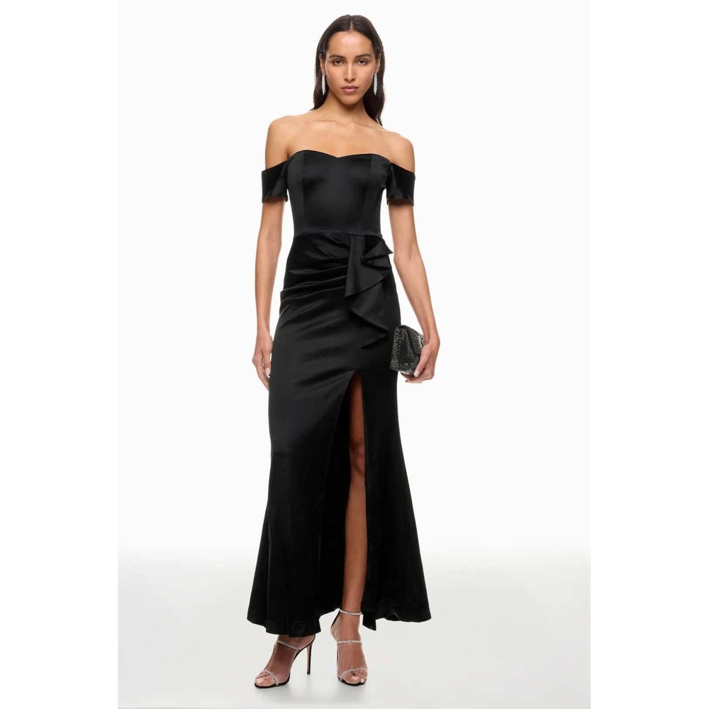 Dress The Population Gabrielle Gown Maxi Dress Black‎ Off Shoulder Slit Sz M